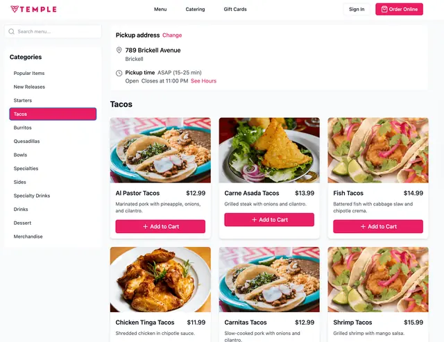 Interfaz de pedidos online de Temple Craft